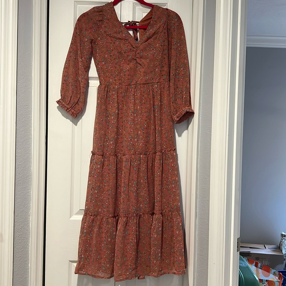 Japna Midi Length Orange Pink Floral Dress with Sleeves size XS